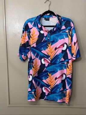 Bad Birdie Pink Tropical Toucan Polo with Blue Leaves